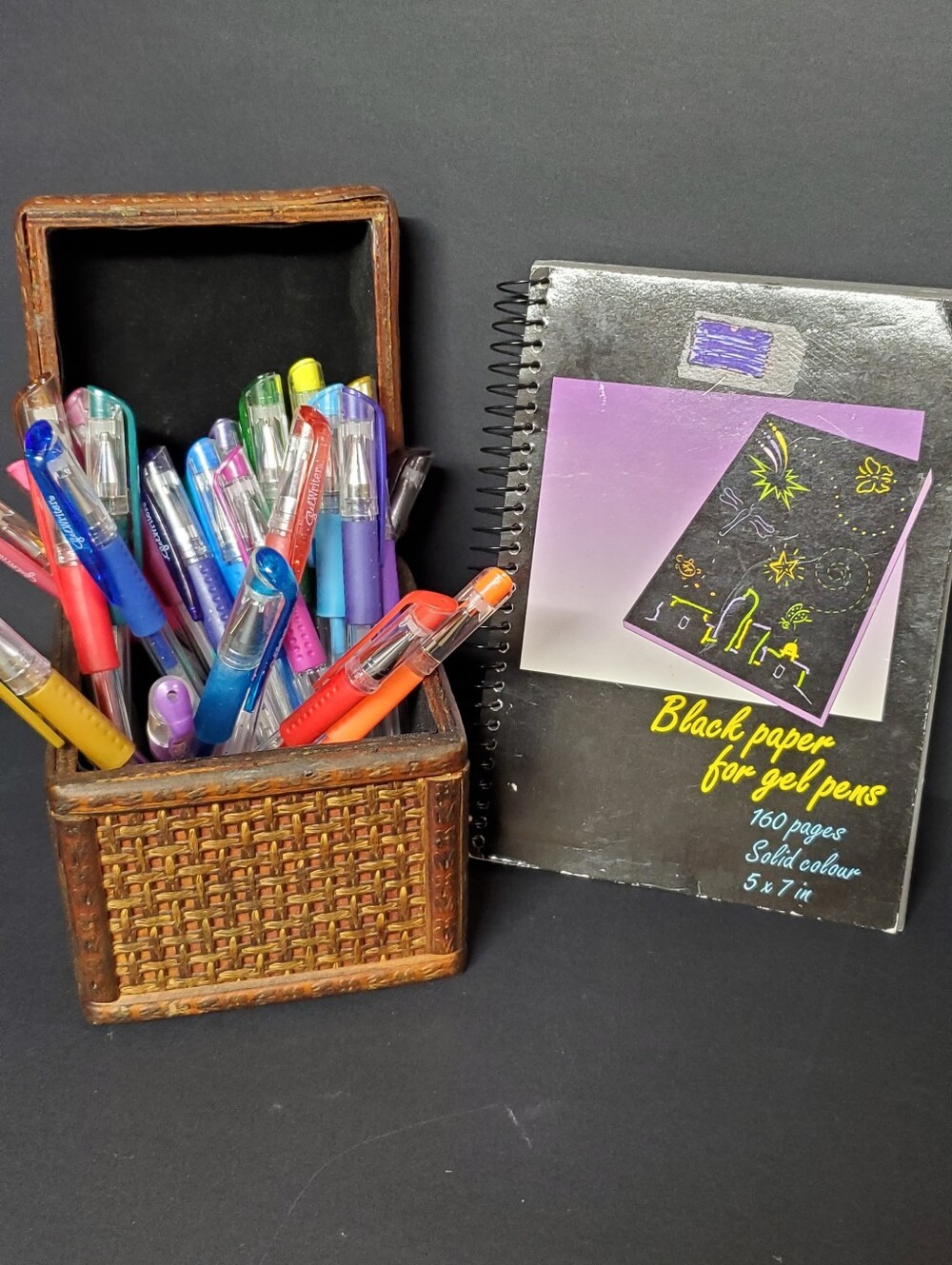 Lot of 28 Working Colored Gel Pens & Black Paper Notebook